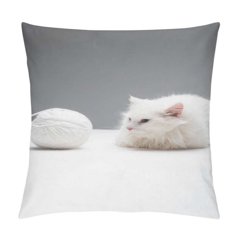 Personality  White Domestic Cat Near Tangled Ball Of Thread Isolated On Grey  Pillow Covers