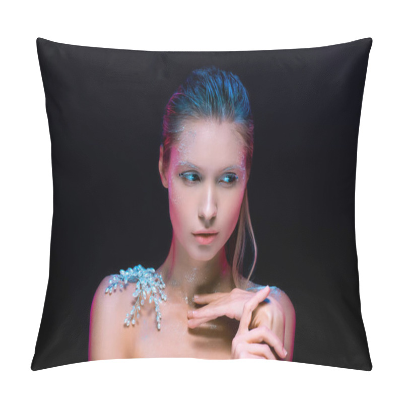 Personality  Portrait Of Young Woman With  Winter Make Up Isolated On Black Pillow Covers