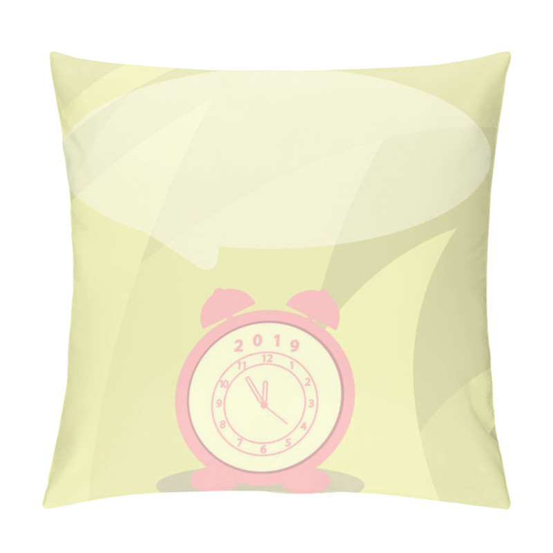 Personality  Round Shape Blank Speech Bubble And Analog Alarm Clock In Pastel Shade. Pale Color Text Balloon And Table Timepiece Ringer With Year 2019. Creative Idea For Schedules And Reminder. Pillow Covers