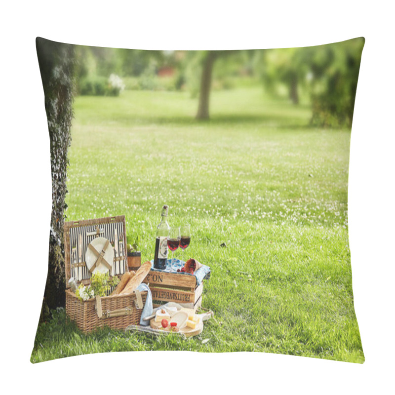 Personality  Picnic Hamper Under Tree In Green Field With Bottle And Glasses Of Wine. Pillow Covers