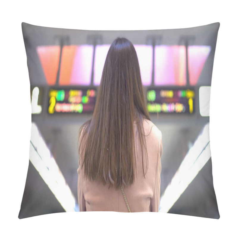 Personality  Woman Looking At Big Screen Of Sports Betting, Gambling Addiction, Back View Pillow Covers