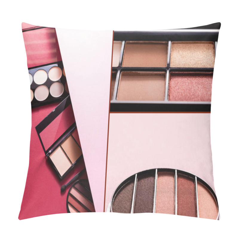 Personality  Collage Of Pastel Eye Shadow And Blush Palettes On Pink And Crimson Pillow Covers