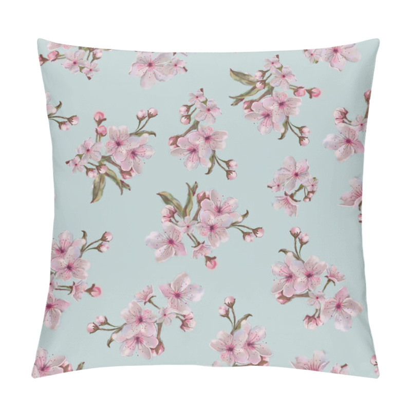 Personality  Sakura Inflorescence Seamless Pattern Isolated On Blue Background. Pink Spring Floral Rapport For Background, Print, And Textile. Pillow Covers