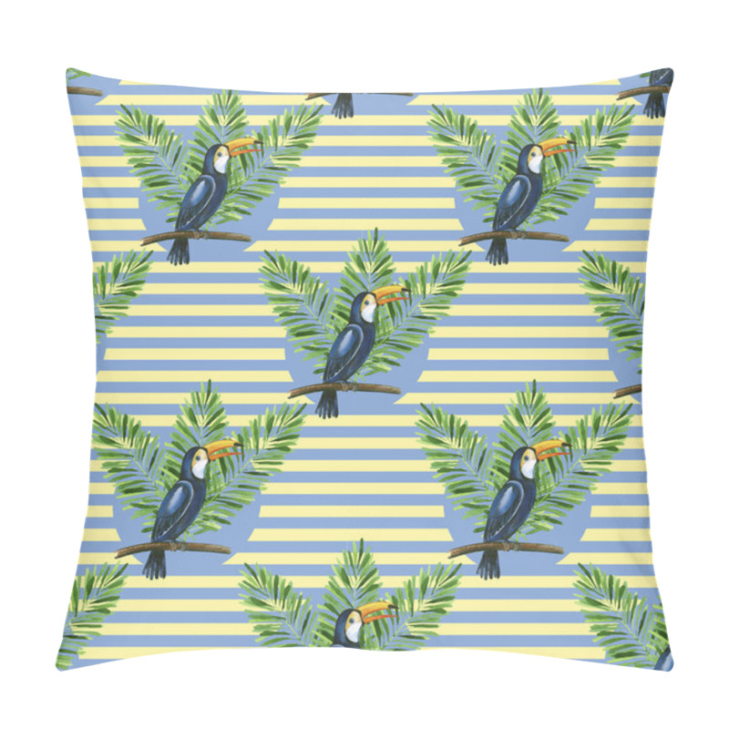 Personality  Toucan And Banana Leaves On The Stiped Background Seamless Patte Pillow Covers