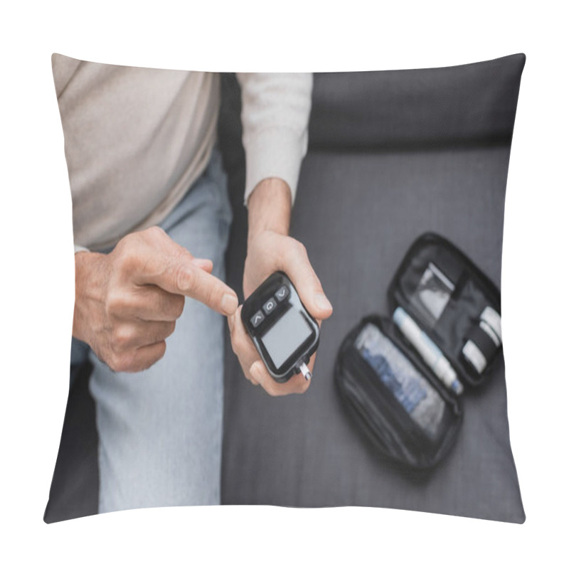 Personality  Partial View Of Middle Aged Man With Diabetes Pointing At Glucose Meter Device And Sitting On Sofa  Pillow Covers