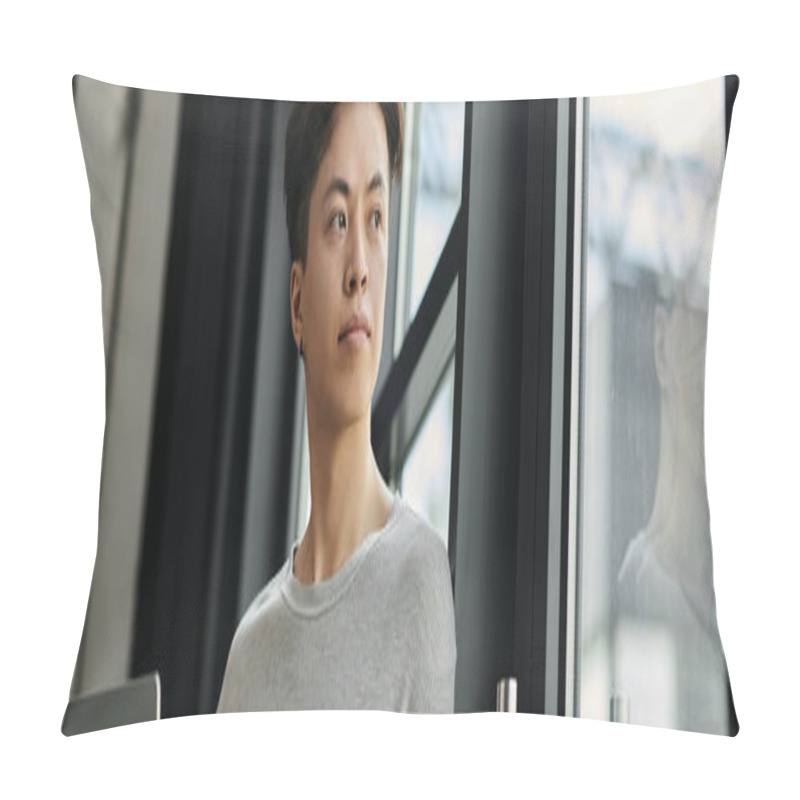 Personality  A Young Man, Sitting In A Modern Office, Gazes Out The Window, Contemplating His Startup Dreams. Pillow Covers