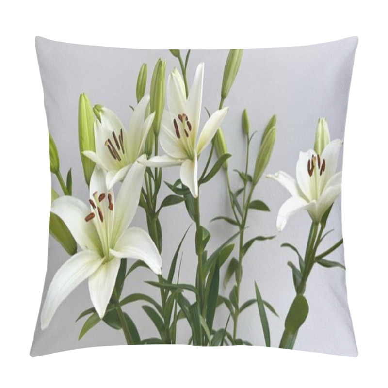 Personality  Elegant Close-Up Of White Lilies With Green Stems Against A Neutral Background. Beautiful White Lilies With Delicate Petals And Green Stems Captured Against A Neutral Gray Background, Showcasing Pillow Covers