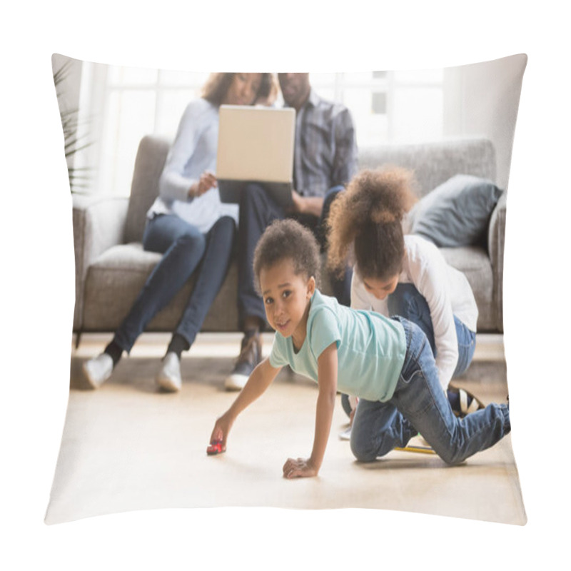 Personality  African American Married Couple Using Laptop While Children Play Pillow Covers