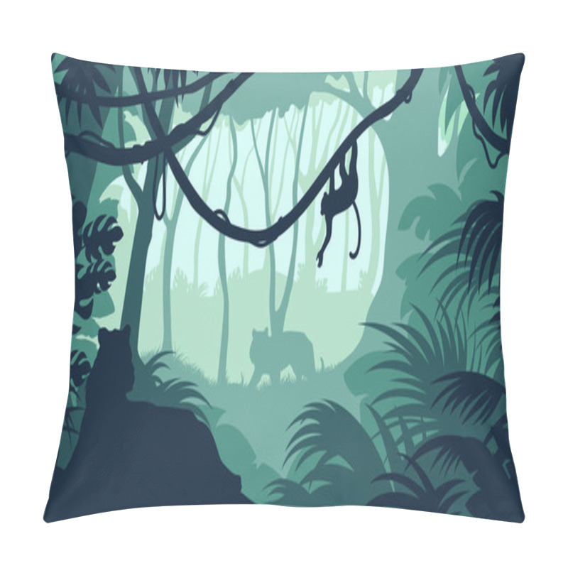 Personality  Green Jungle Landscape. Rainforest Silhouette. Forest Panorama With Tigers And Monkey. Tropical Horizontal Background. Vector Illustration Pillow Covers