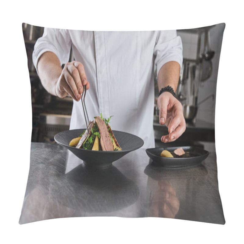 Personality  Partial View Of Chef Making Dish With Arugula, Meat And Potato At Kitchen In Restaurant Pillow Covers