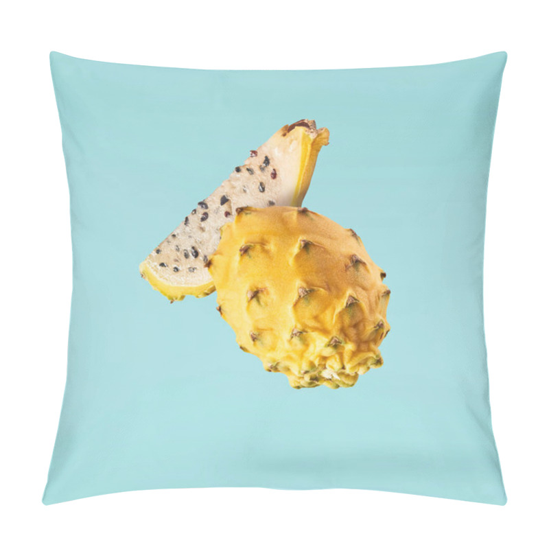 Personality  Creative Image With Fresh Yellow Dragon Fruit Or Pitaya Falling In The Air Isolated On Turquoise Backround., Levitation Or  Zero Gravity Food Conception. High Resolution Image Pillow Covers