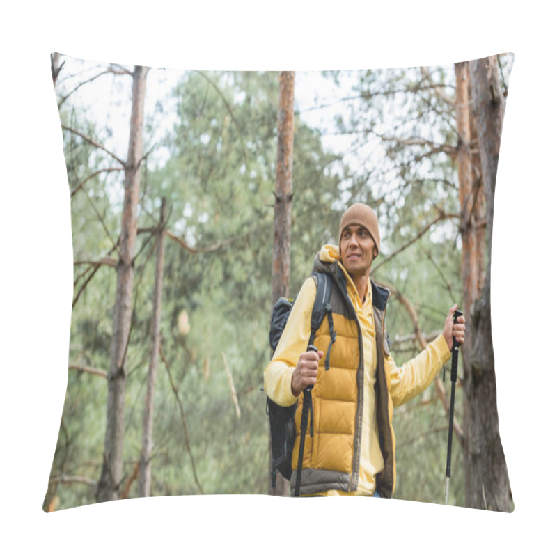 Personality  Joyful Traveler With Hiking Poles Looking Away In Autumn Forest Pillow Covers