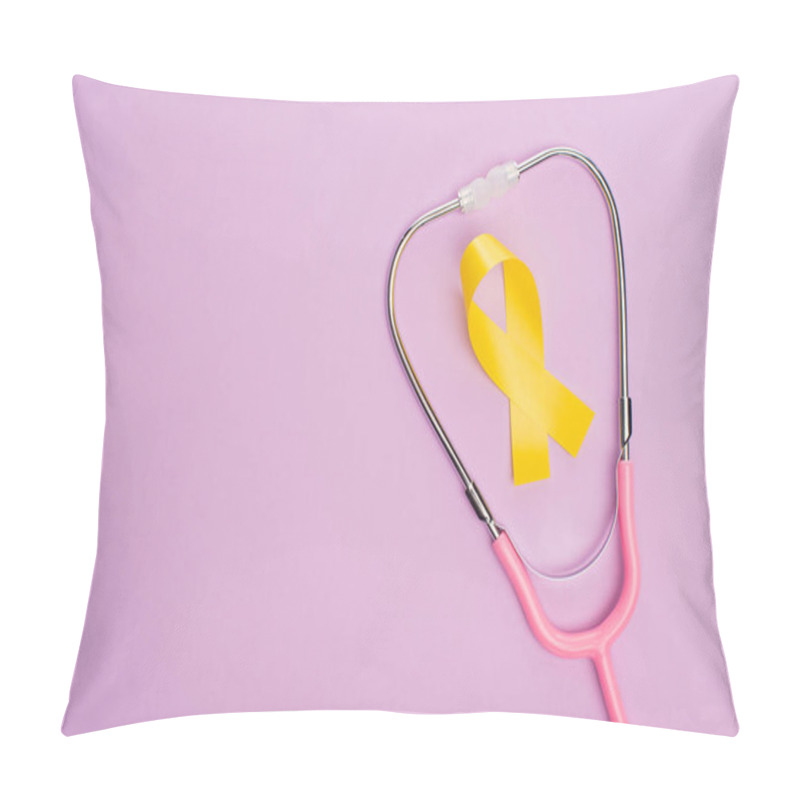 Personality  Top View Of Yellow Ribbon And Pink Stethoscope On Violet Background, International Childhood Cancer Day Concept Pillow Covers