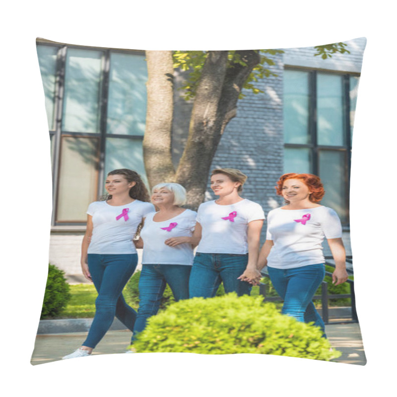 Personality  Happy Women With Breast Cancer Awareness Ribbons Holding Hands And Walking Together  Pillow Covers