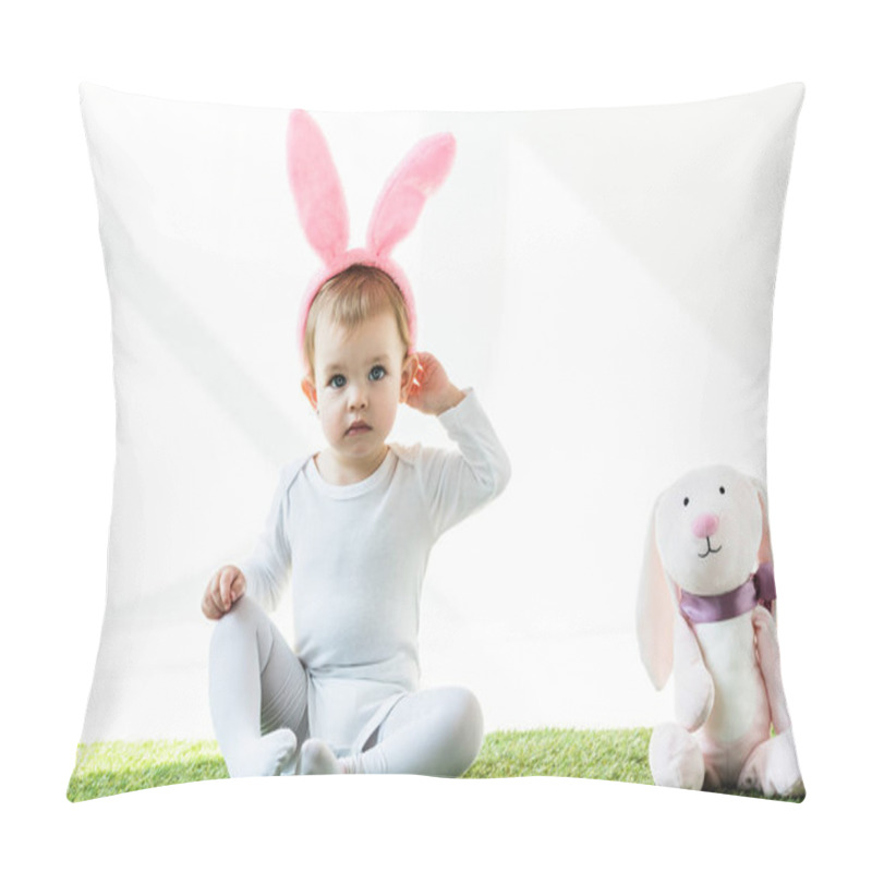 Personality  Cute Child In Bunny Ears Headband Sitting Near Toy Rabbit Isolated On White Pillow Covers