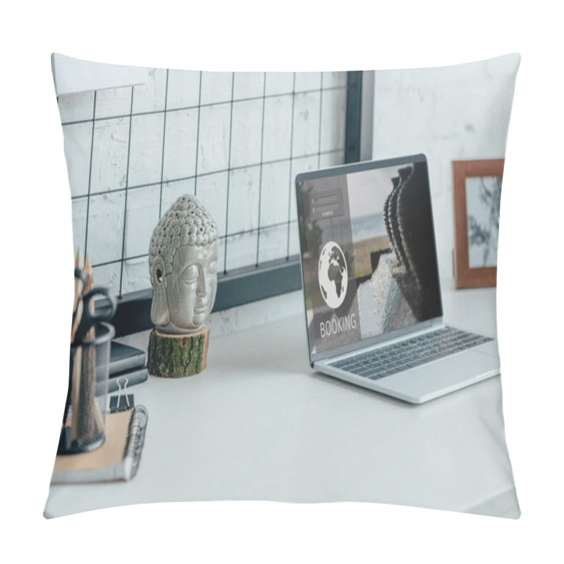 Personality  Laptop With Loaded Booking Page On Table In Modern Office Pillow Covers