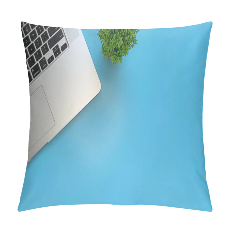 Personality  Top View Flat Lay Of Home Workspace Setup: Laptop And Floral Touch Pillow Covers