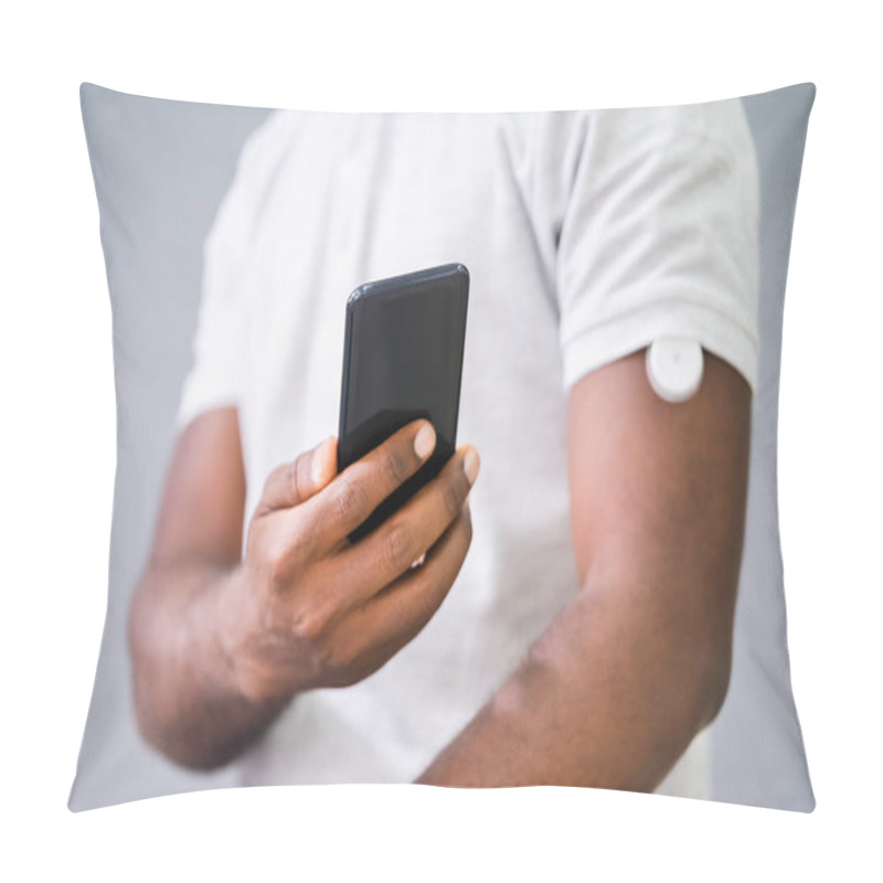 Personality  Man Testing Glucose Level With Continuous Glucose Monitor On Mobile Phone Pillow Covers