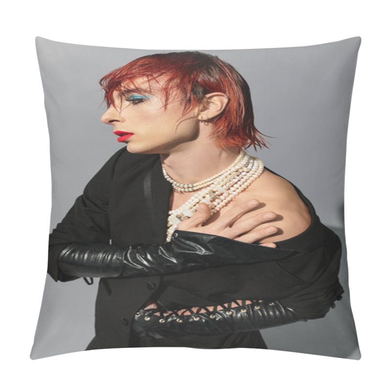 Personality  A Young Man Flaunts Vibrant Hair, Unique Fashion, And Bold Makeup, Radiating Confidence. Pillow Covers