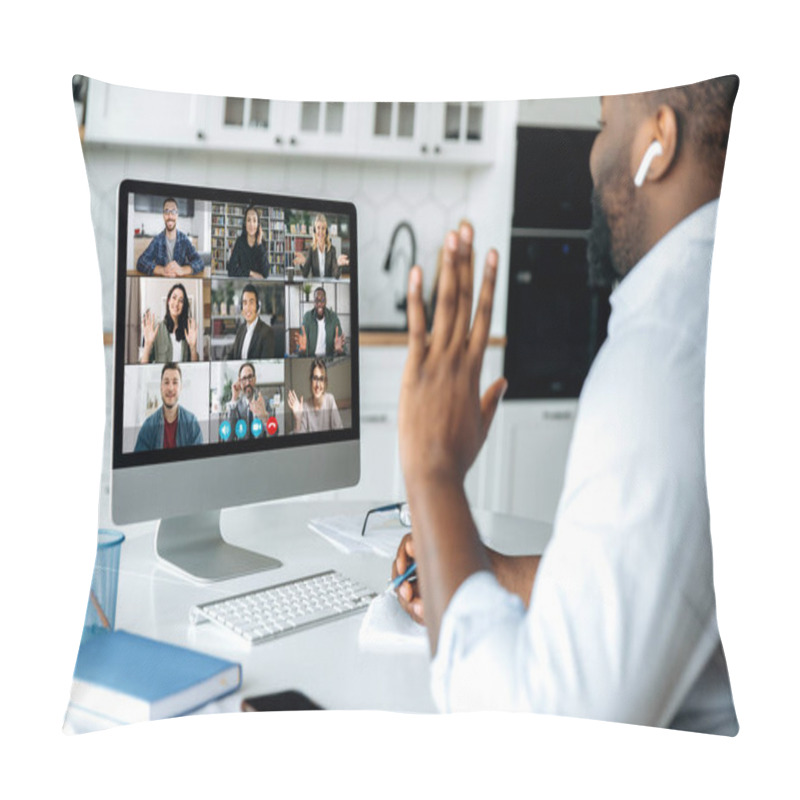 Personality  Video Call, Online Conference. Over Shoulder View Of African American Man At Computer Screen With Multinational Group Of Successful Business People, Virtual Business Meeting, Work From Home Concept Pillow Covers