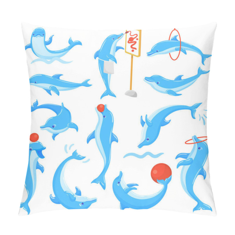 Personality  Dolphin Vector Seafish Character Drawing Or Dolphinfish Playing Undersea Illustration Sealife Set Of Blue Fish In Dolphinarium Isolated On White Background Pillow Covers