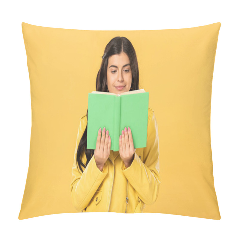 Personality  Attractive Cheerful Girl Reading Book, Isolated On Yellow  Pillow Covers