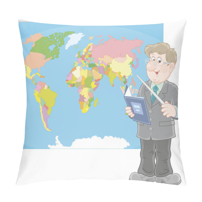 Personality  Geography Teacher With A Schoolbook And A Pointer Standing Near A World Map, A  Vector Illustration In Cartoon Style Pillow Covers