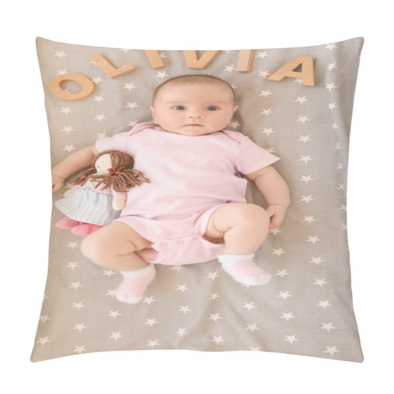 Personality  Cute Baby Lying On Bed With Toy And Word OLIVIA Composed Of Wooden Letters. Choosing Name Concept Pillow Covers