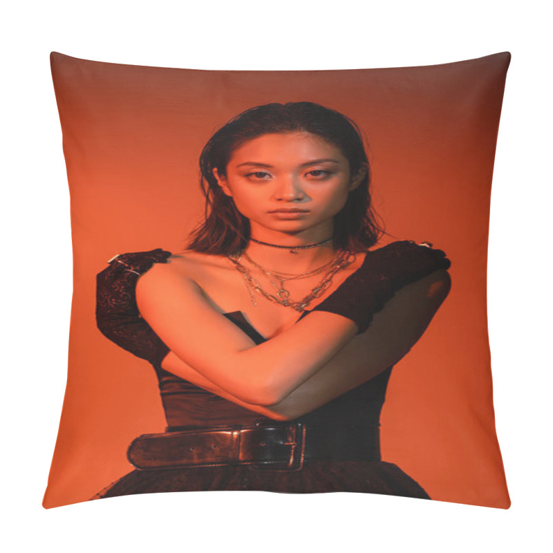 Personality  Beautiful Asian Young Woman With Short Hair And Wet Hairstyle Posing With Crossed Arms In Black Strapless Dress And Gloves While Standing On Orange Background With Red Lighting, Golden Jewelry  Pillow Covers