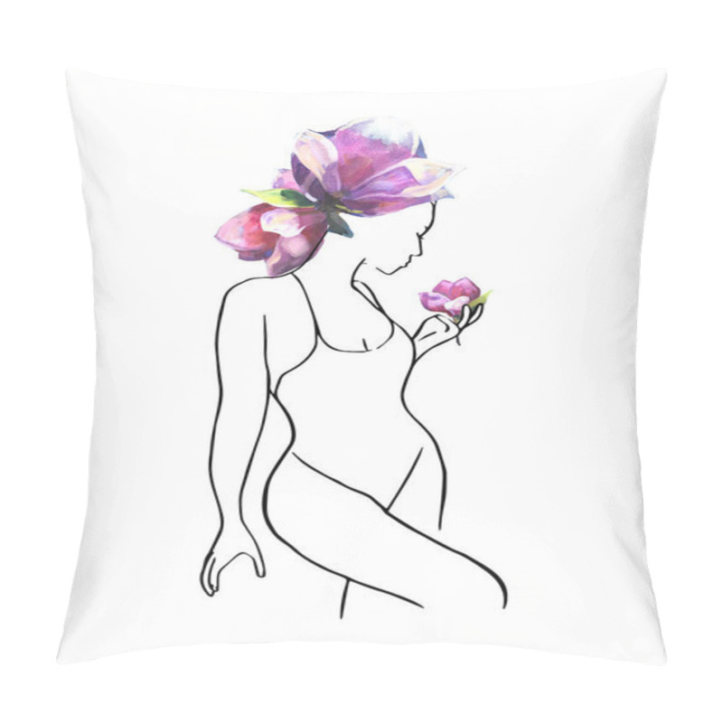 Personality  Woman With Bunch Of Flowers Of Magnolia. Line Art Illustration With Oil Painted Big Beautiful Pink Flowers. Line Art. Trendy Style. Modern Art Pillow Covers