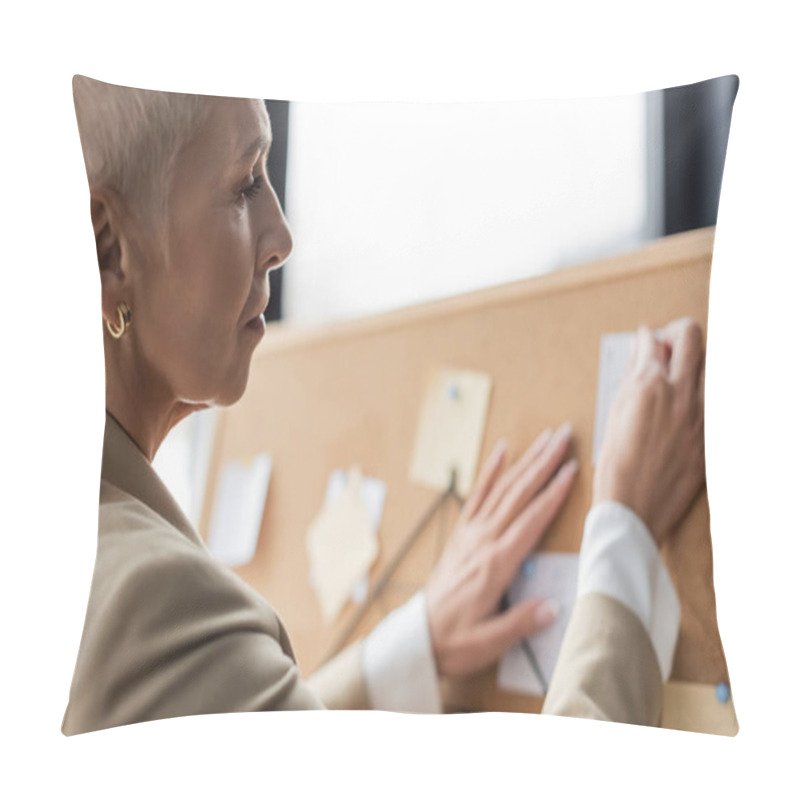 Personality  Senior Economist Applying Paper Notes On Corkboard In Office Pillow Covers