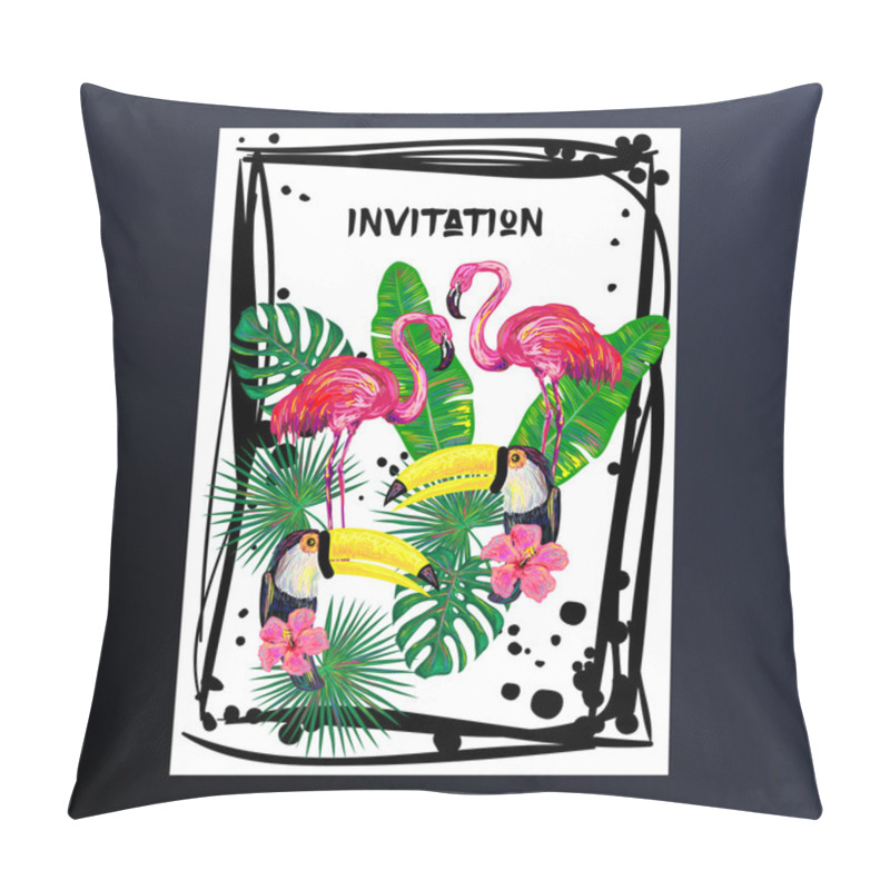 Personality  Invitation With Pink Flamingo, Toucan Bird, Tropical Exotic Flowers And Leaves Pillow Covers