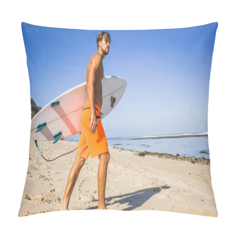 Personality  Side View Of Young Athletic Sportsman With Surfing Board Walking On Sandy Beach  Pillow Covers