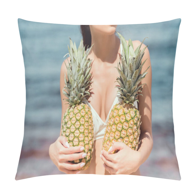 Personality  Partial View Of Woman In White Swimsuit Holding Fresh Pineapples Near The Sea Pillow Covers