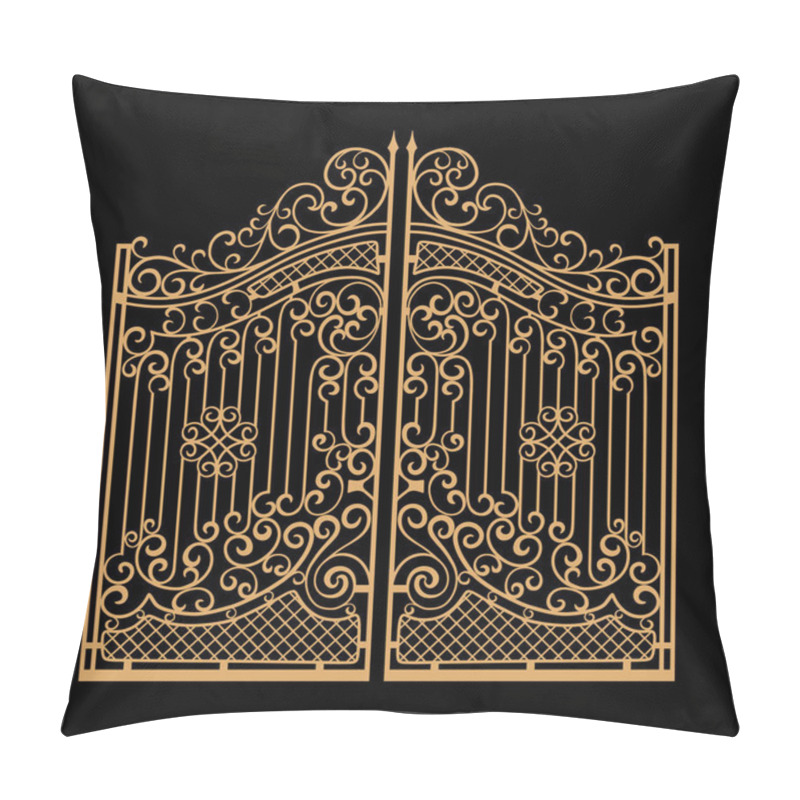 Personality  Decorated Steel Gates Vector Illustration. Golden On Black Background Pillow Covers