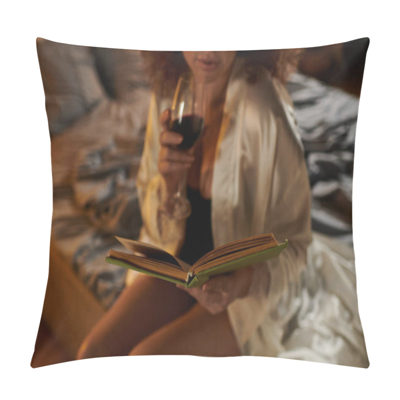 Personality  Embracing Tranquility, A Woman Reads A Book With A Glass Of Red Wine In Hand In Her Bedroom. Pillow Covers