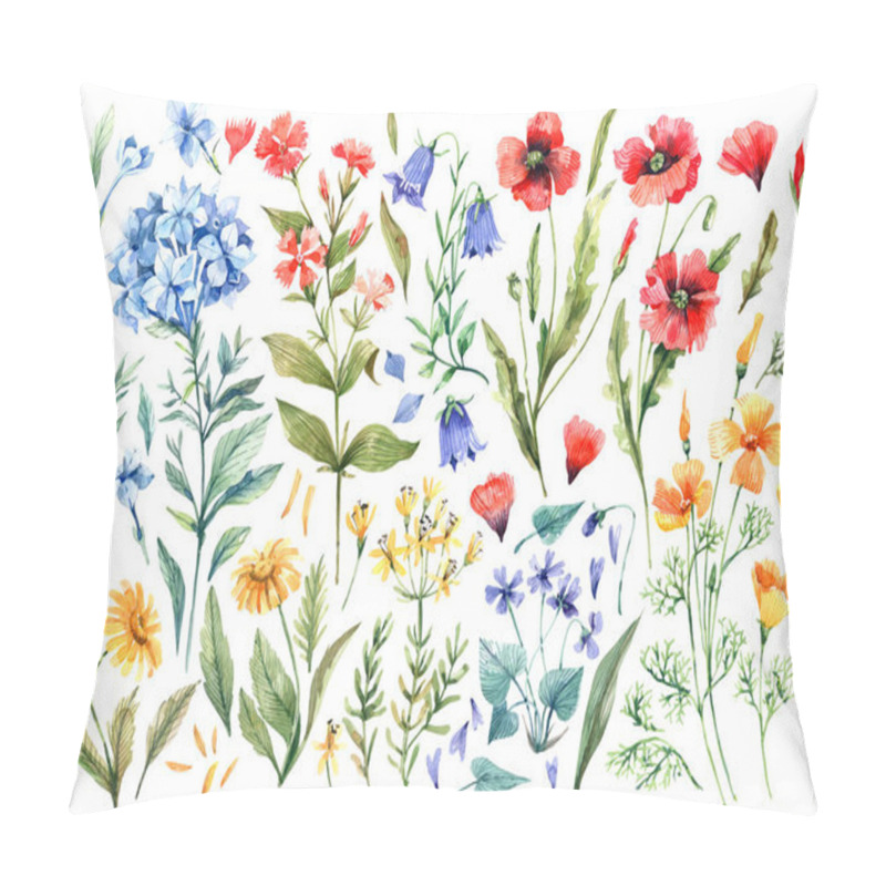 Personality  Poppies, Wild Carnations, Eschscholzia, Hydrangeas, Daisies, Bluebells, Violets - Summer Wild Flowers Hand Drawn In Watercolor. Collection Of Meadow Flowers Isolated On White Background. Pillow Covers