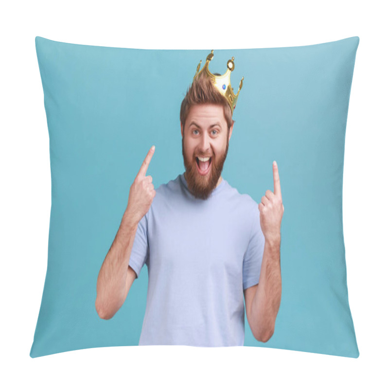 Personality  Portrait Of Excited Amazed Bearded Man Pointing Fingers On Golden Crown On His Head, Showing Her Leadership Qualities, Concept Of Authority. Indoor Studio Shot Isolated On Blue Background. Pillow Covers