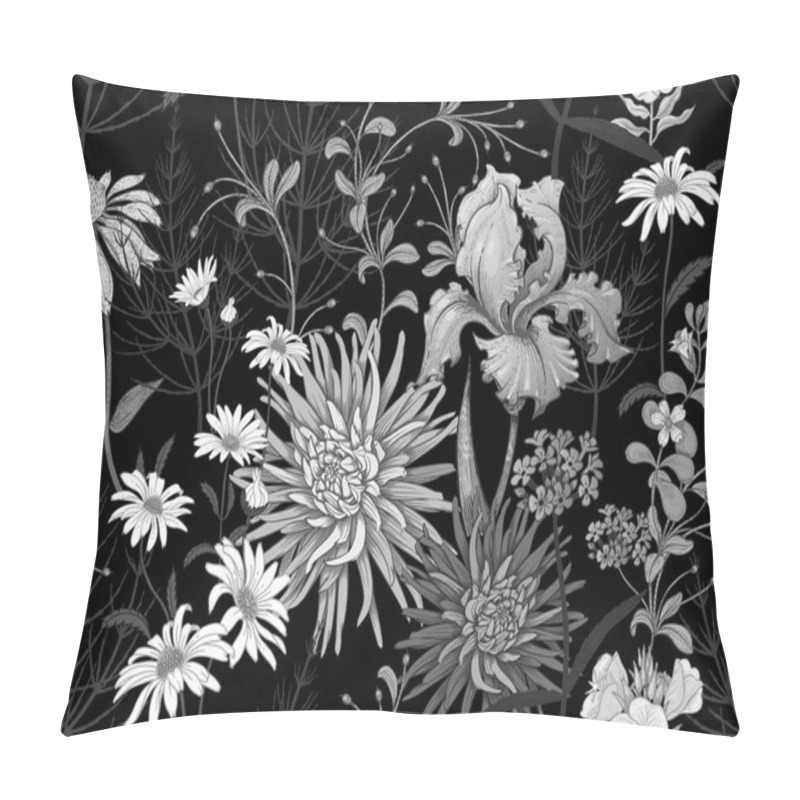 Personality  Seamless Summer Pattern With Wild Flowers Chamomile, Herbs, Aster, Iris. Floral Background For Printing Wallpaper, Paper, Textiles, Fabrics. Hand Drawing Sketch. Fashion Illustration. Black And White Pillow Covers