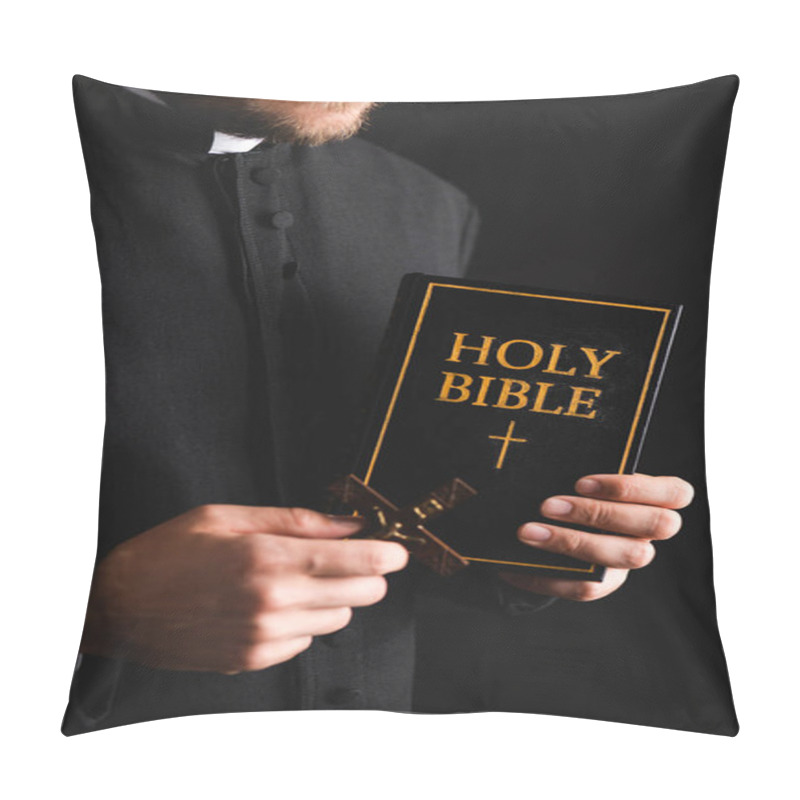 Personality  Cropped View Of Bearded Priest Holding Cross And Holy Bible Isolated On Black  Pillow Covers