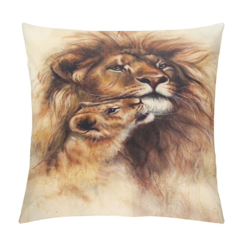 Personality  Beautiful Airbrush Painting Of A Loving Lion  And Her Baby Cub Pillow Covers