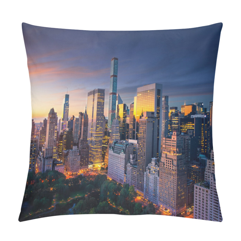 Personality  New York City - Amazing Sunrise Over Central Park And Upper East Side Manhattan - Birds Eye / Aerial View Pillow Covers