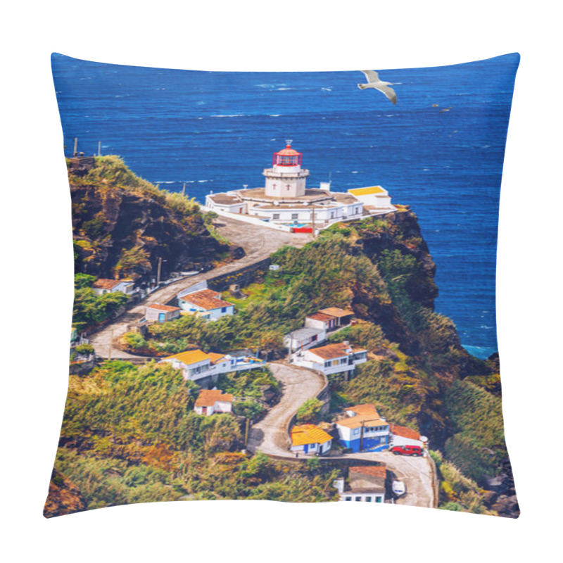 Personality  Dramatic View Down To Lighthouse On Ponta Do Arnel, Nordeste, Sao Miguel Island, Azores, Portugal. Lighthouse Arnel Near Nordeste On Sao Miguel Island, Azores, Portugal.  Pillow Covers