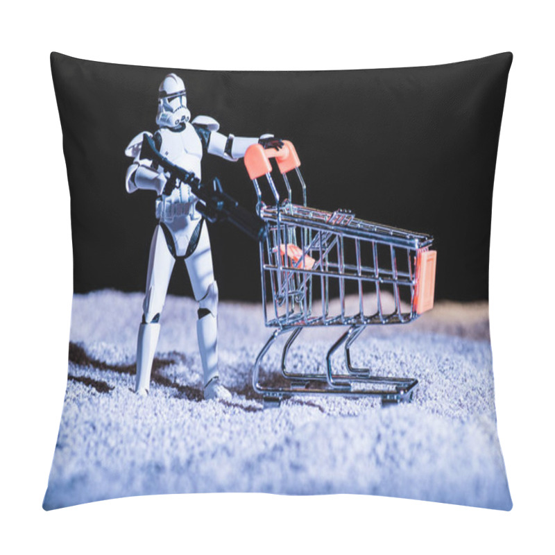 Personality  White Plastic Imperial Stormtrooper With Gun And Shopping Cart In Space Isolated On Black Pillow Covers