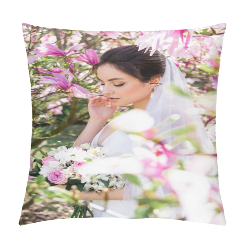 Personality  Young Bride In Veil Standing Near Blooming Magnolia Tree  Pillow Covers