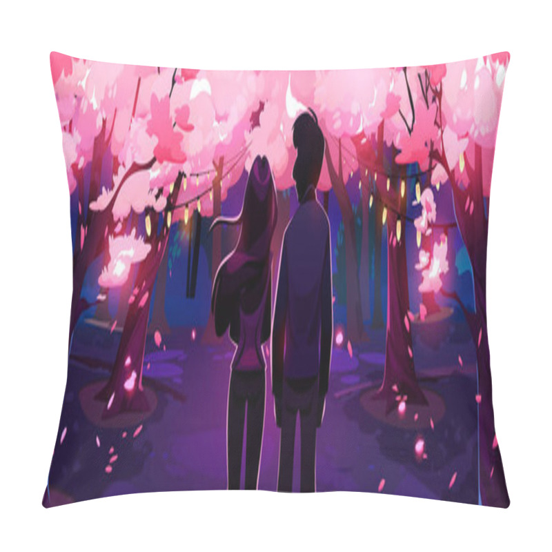 Personality  Love Couple Near Cherry Tree Cartoon Vector. Spring Japan Landscape Background For Valentine Day Design. Man And Woman Silhouette At Night On A Date. Romance In Dark Garden With Falling Petals. Pillow Covers