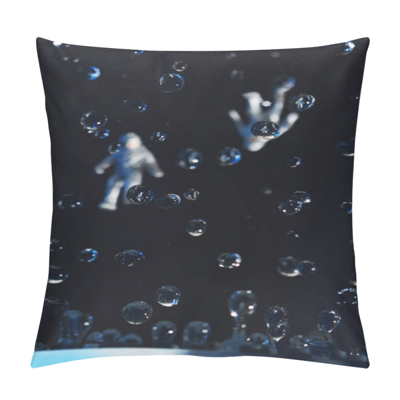 Personality  Toy People In Hazmat Suits Are Floating In The Air, Full Of Water Drops. Open Space, Gravitational Anomaly, Zero Gravity Concept. Focus On The Reflections Inside Water Drops. Pillow Covers