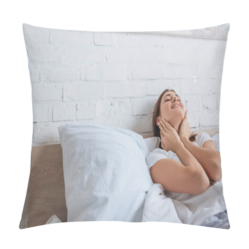 Personality  Happy Woman Touching Neck While Dreaming And Lying On Bed  Pillow Covers