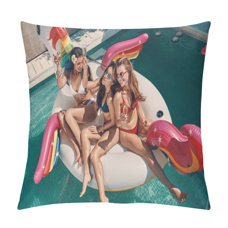 Personality  Top View Of Attractive Young Women In Swimwear Smiling And Drinking Champagne While Floating On Inflatable Unicorn In Swimming Pool Outdoors Pillow Covers