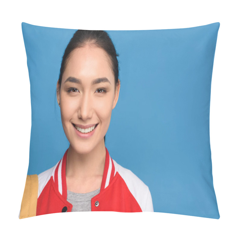 Personality  Portrait Of Smiling Asian Woman Looking At Camera Isolated On Blue Pillow Covers